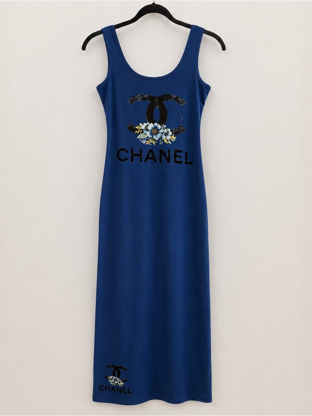Blue Logo Tank Fitted Maxi Dress with Floral Accent
